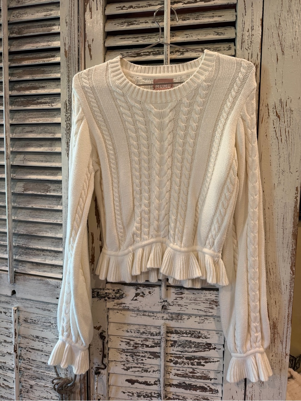 Show Me Your MuMu Cream Cable-Knit Ruffle Hem Sweater